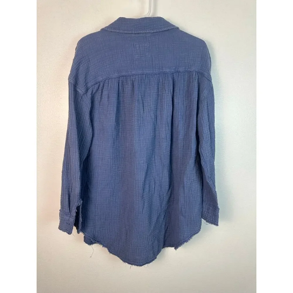 Aerie Women's gauzy Blue coverup shirt oversized fit lightweight raw hem XS - Picture 3 of 7